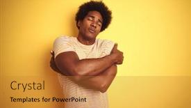  Presentation with confident love - PPT theme consisting of american man with afro hair wearing striped t-shirt standing over isolated yellow background hugging oneself happy and positive smiling confident self love and self care background and a gold colored foreground