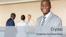  Presentation with hotel - Slide set featuring american manager standing at hotel background and a light gray colored foreground