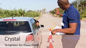  Presentation with car park - Amazing PPT theme having american motors cars - african instructor teaching learner driver backdrop and a lemonade colored foreground