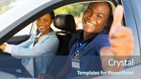  Presentation with driving - Presentation design having american motors cars - happy male african driving instructor background and a ocean colored foreground