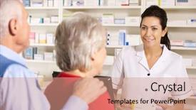  Presentation with senior couple - Slide set having medication older person - american pharmacist dispensing to senior background and a coral colored foreground