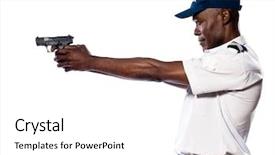  Presentation with american police - PPT theme with american police officer aiming gun background and a white colored foreground