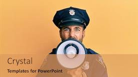 Presentation with american police - PPT theme featuring american-police-officer-shouting-through background and a yellow colored foreground