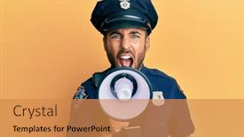  Presentation with american police - Colorful PPT layouts enhanced with american-police-officer-shouting-through backdrop and a gold colored foreground
