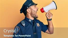 Presentation with american police - Slides with american-police-officer-shouting-through background and a ocean colored foreground