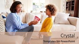  Presentation with teen girl - Beautiful presentation theme featuring american pre-teen girl kneeling backdrop and a coral colored foreground