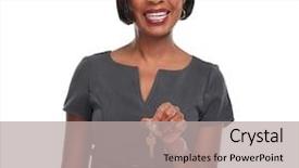  Presentation with realtor - Slides with american realtor woman with key background and a light gray colored foreground