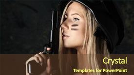  Presentation with gun - Cool new presentation with shot of a beautiful girl holding gun backdrop and a tawny brown colored foreground