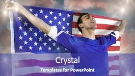  Presentation with football blue - Cool new slides with american soccer fan holding flag against large football stadium under cloudy blue sky backdrop and a royal blue colored foreground