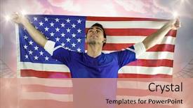  Presentation with football blue - Colorful slide deck enhanced with american soccer fan holding flag against large football stadium under bright blue sky backdrop and a coral colored foreground