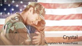  Presentation with military - Audience pleasing slide deck consisting of american soldier embracing his partner backdrop and a coral colored foreground
