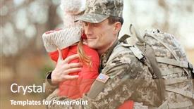  Presentation with futuristic combat soldier - Amazing slide deck having american soldiers - soldier in camouflage hugging daughter backdrop and a coral colored foreground