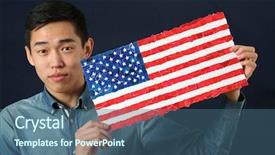 Presentation with national - Colorful PPT layouts enhanced with american symbols - young asian student showing us backdrop and a ocean colored foreground