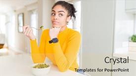 Presentation with thinking brain - Beautiful slides featuring american woman eating healthy green backdrop and a yellow colored foreground