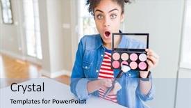  Presentation with blush - Slide set enhanced with american woman holding cosmetics blush background and a light blue colored foreground