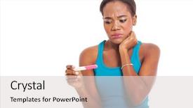  Presentation with woman sad - Beautiful PPT theme featuring american woman looking at pregnancy backdrop and a light gray colored foreground