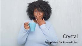  Presentation with cup coffee - Audience pleasing theme consisting of american woman over grey grunge backdrop and a light blue colored foreground