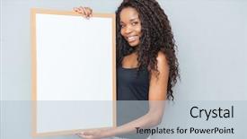  Presentation with weight loss woman showing - Theme featuring american woman showing blank board background and a light blue colored foreground