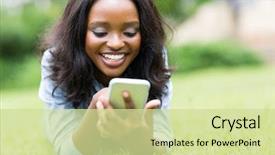  Presentation with cheerful - PPT layouts featuring american woman using smart phone background and a soft green colored foreground