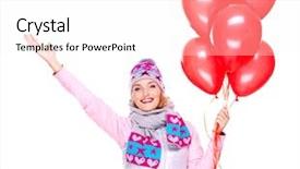  Presentation with happy birthday multicorored balloons - Amazing slides having american woman with red balloons backdrop and a pink colored foreground
