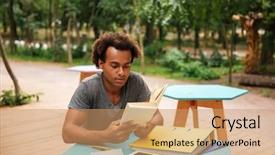  Presentation with 3d man sitting question mark - Presentation consisting of american work - serious african young man sitting background and a  colored foreground