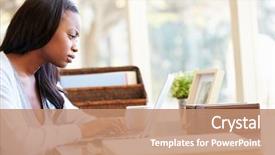  Presentation with desk - Beautiful presentation design featuring american work - woman using laptop on desk backdrop and a  colored foreground