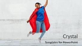  Presentation with super power - Beautiful slide set featuring american young woman in superhero backdrop and a light gray colored foreground