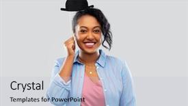  Presentation with memory book family photo album - Colorful PPT theme enhanced with american young woman with black backdrop and a light blue colored foreground