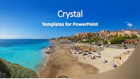  Presentation with island - Amazing slide deck having tropical volcano - beach las americas in tenerife backdrop and a teal colored foreground