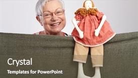  Presentation with show - Presentation theme featuring granny presenting a puppet show smiling background and a tawny brown colored foreground
