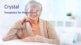  Presentation with portrait of excited overjoyed female - Colorful theme enhanced with amiability - portrait of aged female looking backdrop and a sky blue colored foreground