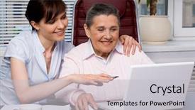  Presentation with laptop - Cool new presentation theme with amiability - portrait of young girl pointing backdrop and a light gray colored foreground