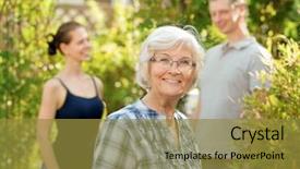  Presentation with helping others two hands woman - Theme having amiability - senior woman smiling in front background and a gold colored foreground