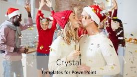  Presentation with couple kiss - Audience pleasing presentation design consisting of amorous and affectionate young couple with champagne sharing kiss at xmas party backdrop and a lemonade colored foreground
