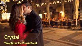  Presentation with kissing booth - Audience pleasing theme consisting of amorous couple kissing on christmastime backdrop and a tawny brown colored foreground