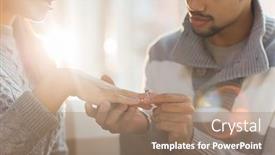 Presentation with engagement - Slides with amorous guy putting engagement ring on his girlfriend finger after making proposal background and a coral colored foreground