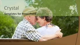  Presentation with dating - Presentation featuring amorous senior couple on a park bench while dating in the nature in summer background and a yellow colored foreground