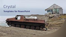  Presentation with scrap metal - Audience pleasing PPT theme consisting of amphibious-vehicle-and-piles backdrop and a sky blue colored foreground