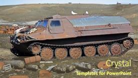  Presentation with scrap metal - Cool new presentation theme with amphibious-vehicle-and-piles backdrop and a violet colored foreground