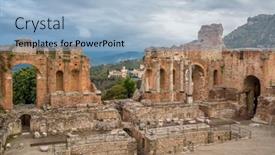  Presentation with ancient greek theatre - Audience pleasing PPT theme consisting of amphitheatre-of-taormina-in-siciliy backdrop and a light blue colored foreground