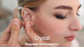  Presentation with hearing aid - Presentation design having amplifier - otolaryngologist putting hearing aid background and a coral colored foreground