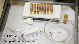 Presentation with needles - PPT layouts enhanced with ampoules syringes with needles glass bowl on medical table background and a light gray colored foreground