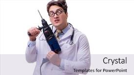  Presentation with drill - PPT layouts enhanced with amputation - funny doctor with drill isolated background and a light blue colored foreground