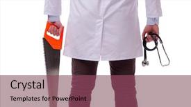  Presentation with saw palmetto - PPT layouts with amputation - funny doctor with saw isolated background and a violet colored foreground