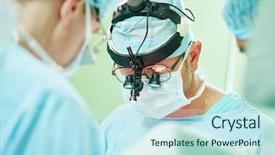  Presentation with operating room - Theme with amputation - male cardiac surgeon at child background and a sky blue colored foreground