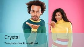  Presentation with beautiful young woman getting face - Amazing theme having amrican - beautiful african young woman pointing backdrop and a light blue colored foreground