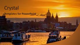  Presentation with amsterdam - PPT layouts consisting of amsterdam cityscape skyline with church background and a gold colored foreground