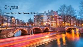  Presentation with canals - Presentation theme enhanced with amsterdam-netherlands-bridges-and-canals background and a light blue colored foreground