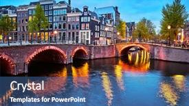  Presentation with water amsterdam - PPT theme consisting of amsterdam netherlands bridges with nighttime background and a ocean colored foreground