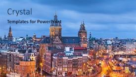  Presentation with amsterdam - PPT theme featuring amsterdam-netherlands-town-cityscape-over background and a light blue colored foreground